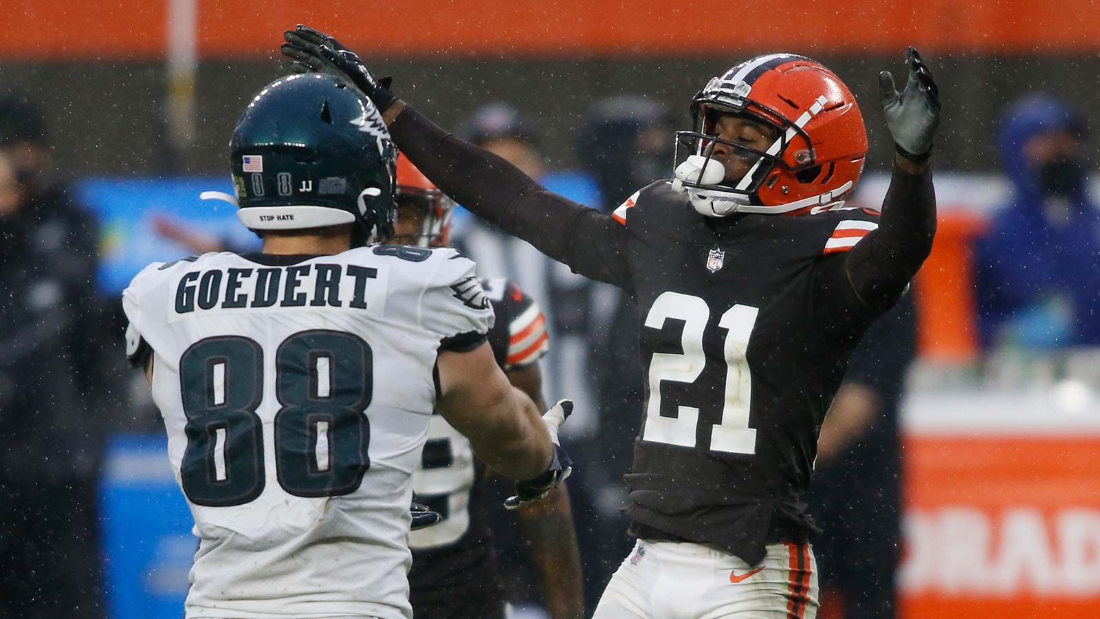 Cleveland Browns cornerback Denzel Ward reacts after a pass play against Philadelphia Eagles tight end Dallas Goedert during a 2020 game in Cleveland. - Scott Galvin-USA TODAY Sports
