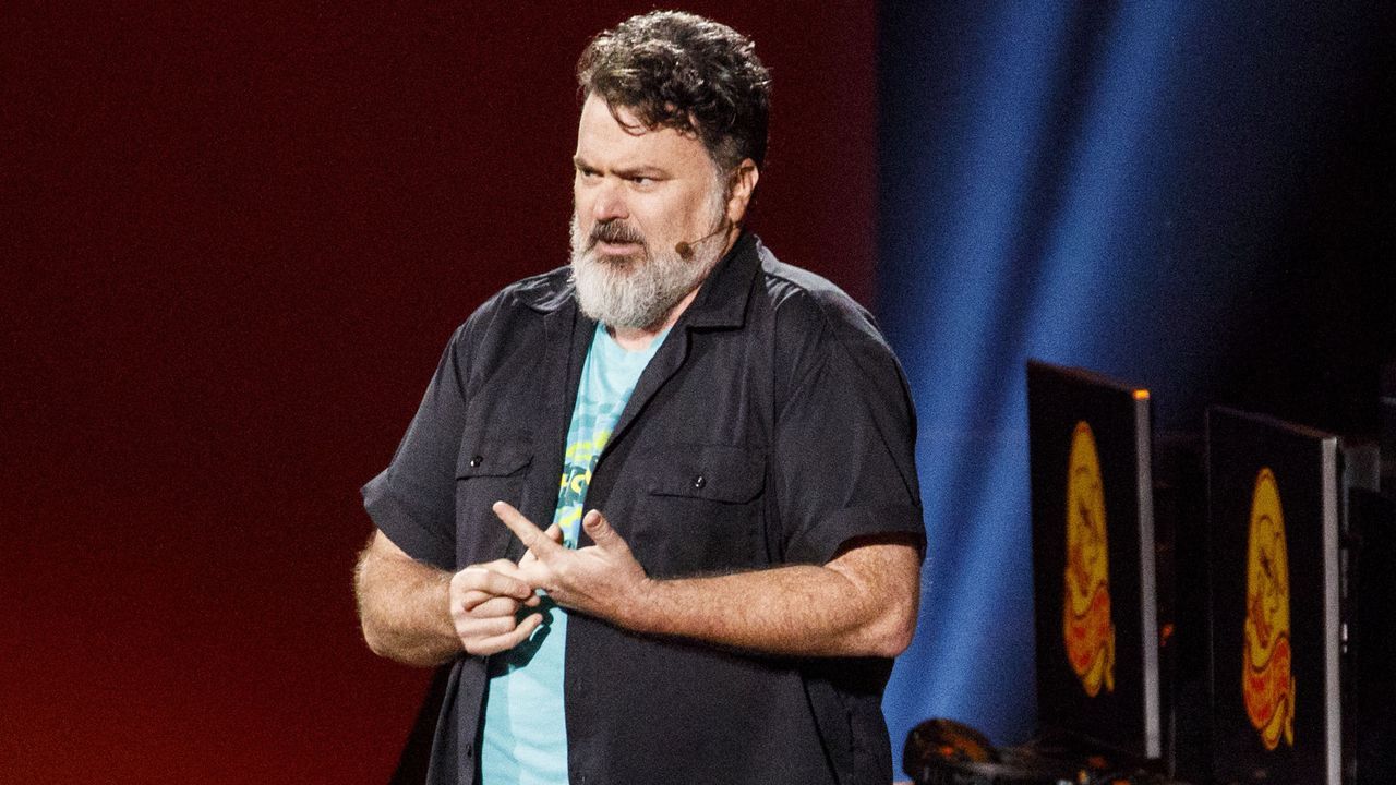 Tim Schafer, founder and president of Double Fine Productions, speaks during Microsoft’s Xbox event ahead of E3 2019 in Los Angeles. - Patrick T. Fallon/Bloomberg via Getty Images