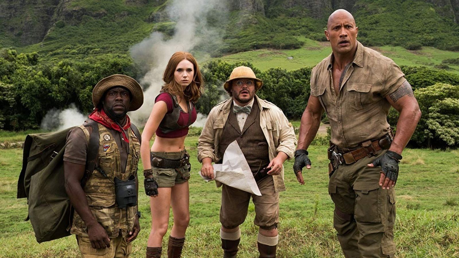 Kevin Hart, Karen Gillan, Jack Black and Dwayne Johnson in “Jumanji.” - infobae.com