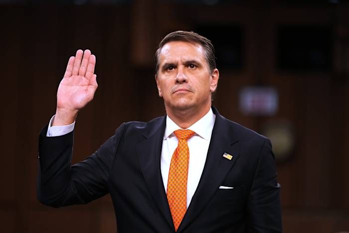 FILE - Acting Attorney General Todd Blanche is sworn in as he appears before the Senate Judiciary Committee on Capitol Hill in Washington, July 15, 2026. - AP Photo/Mark Schiefelbein