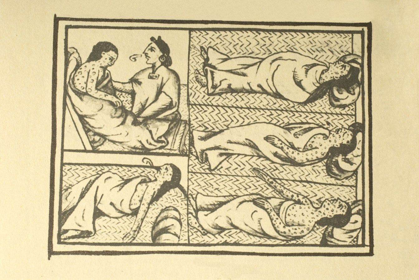 A folio from Book XII showing Indigenous people sick with smallpox, from Manuscript 218-220 in the Biblioteca Medicea Laurenziana's Palatine Collection. - Biblioteca Medicea Laurenziana
