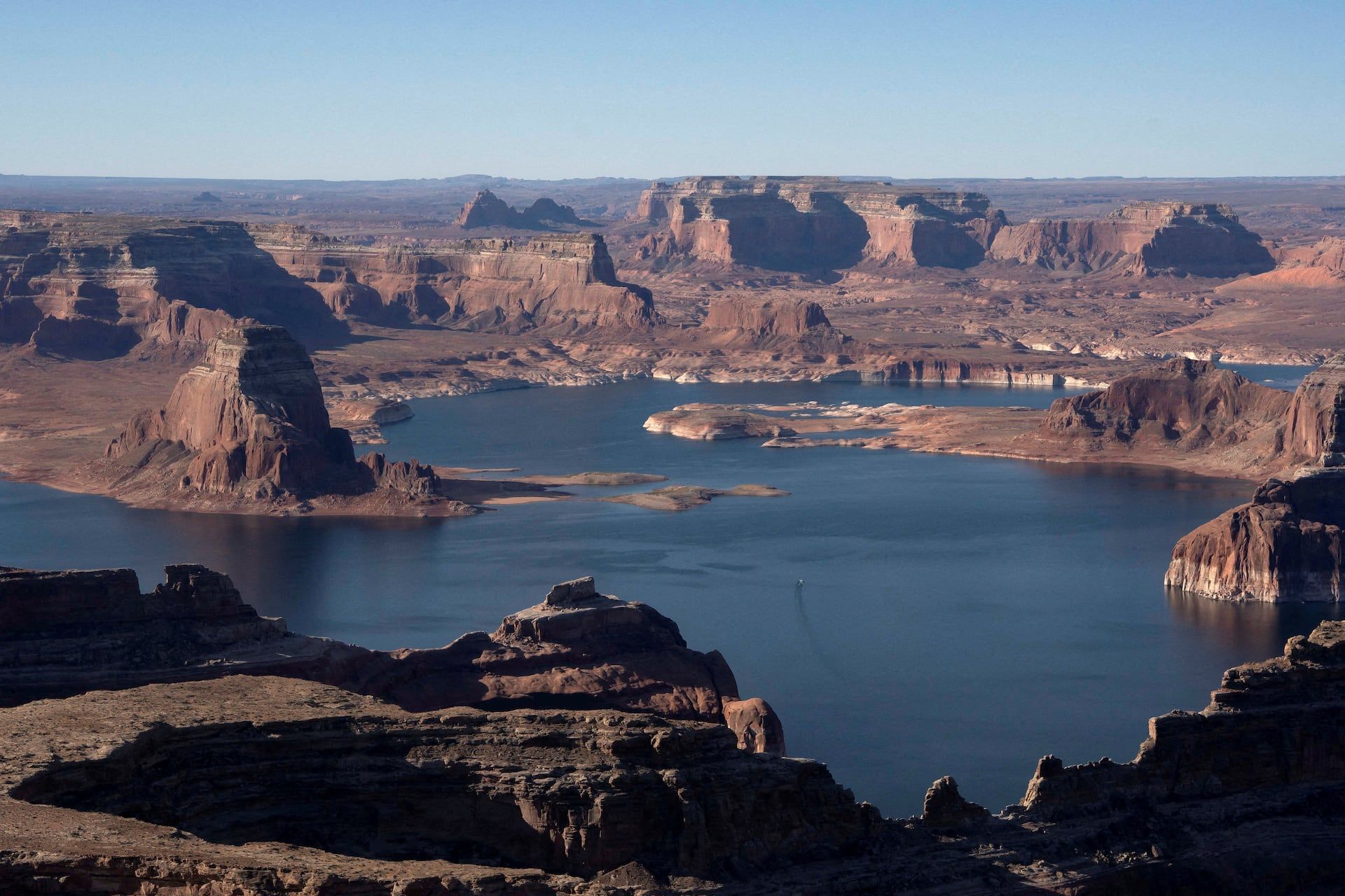 An aerial view shows critically low water levels in Lake Powell, a reservoir of the Colorado River, near Page, Arizona, U.S., May 15, 2025. - REUTERS/Rebecca Noble/File Photo
