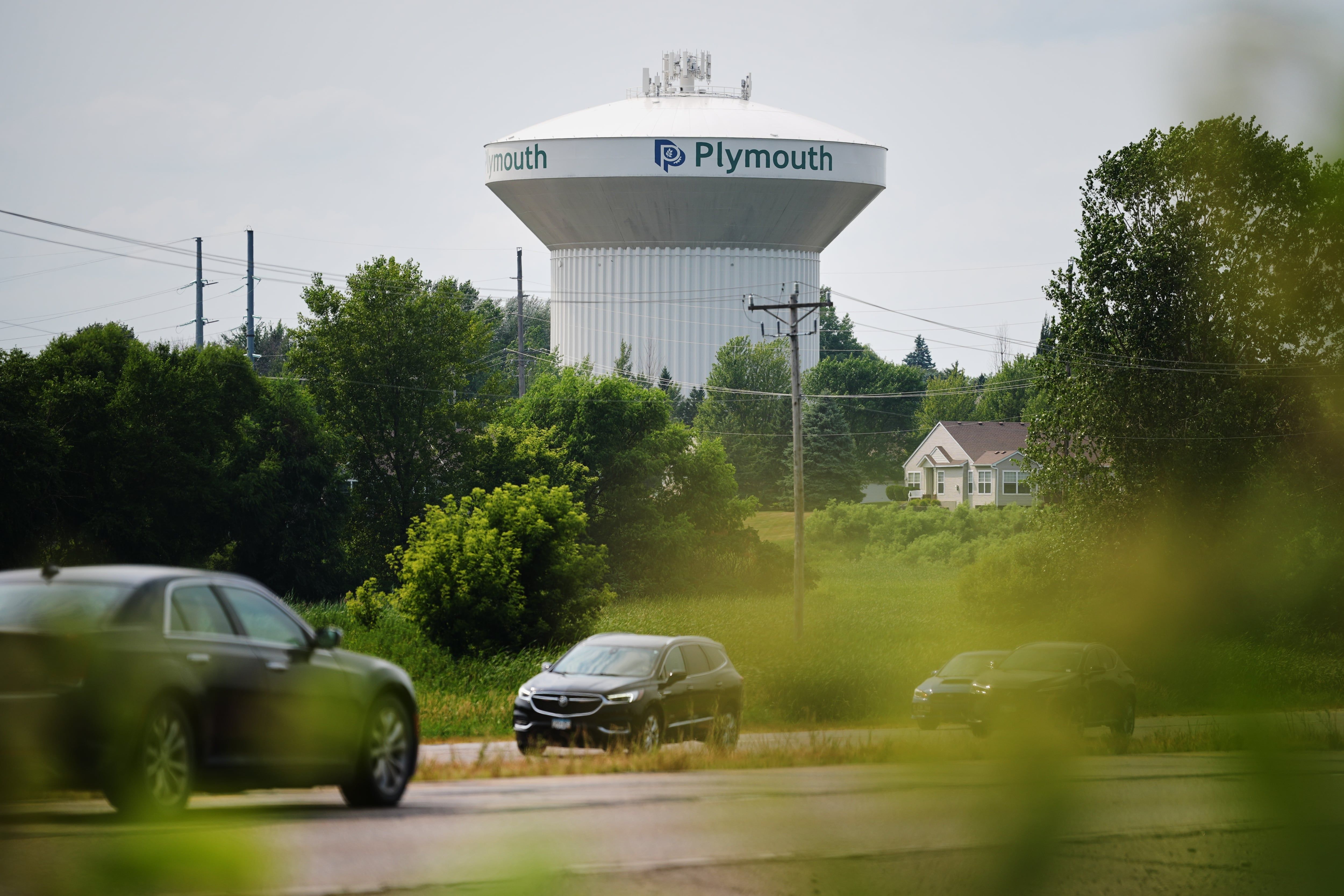 A water tower is seen Thursday, July 30, 2026, in Plymouth, Minn., where a cyberattack targeted operating technology at water systems. - AP Photo/Ellen Schmidt