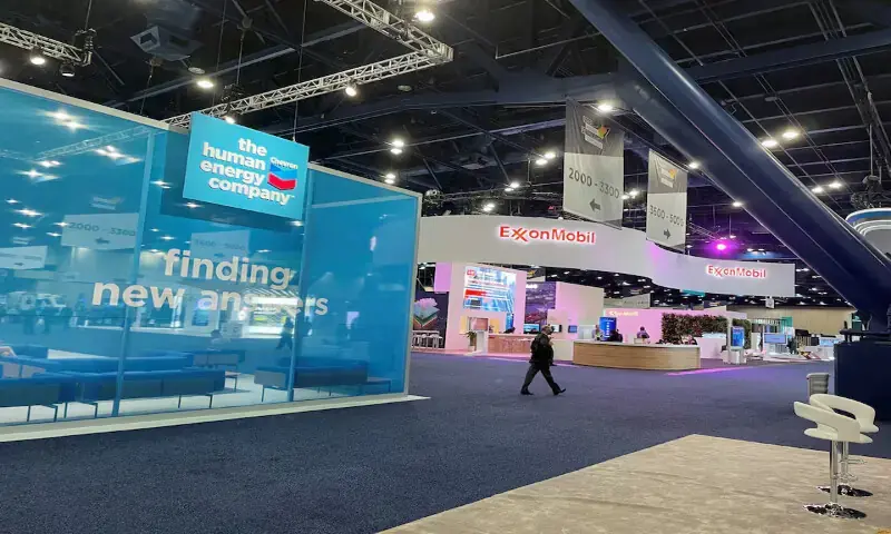 Chevron and ExxonMobil booths are seen at the World Petroleum Congress, in Houston, Texas. - Reuters file