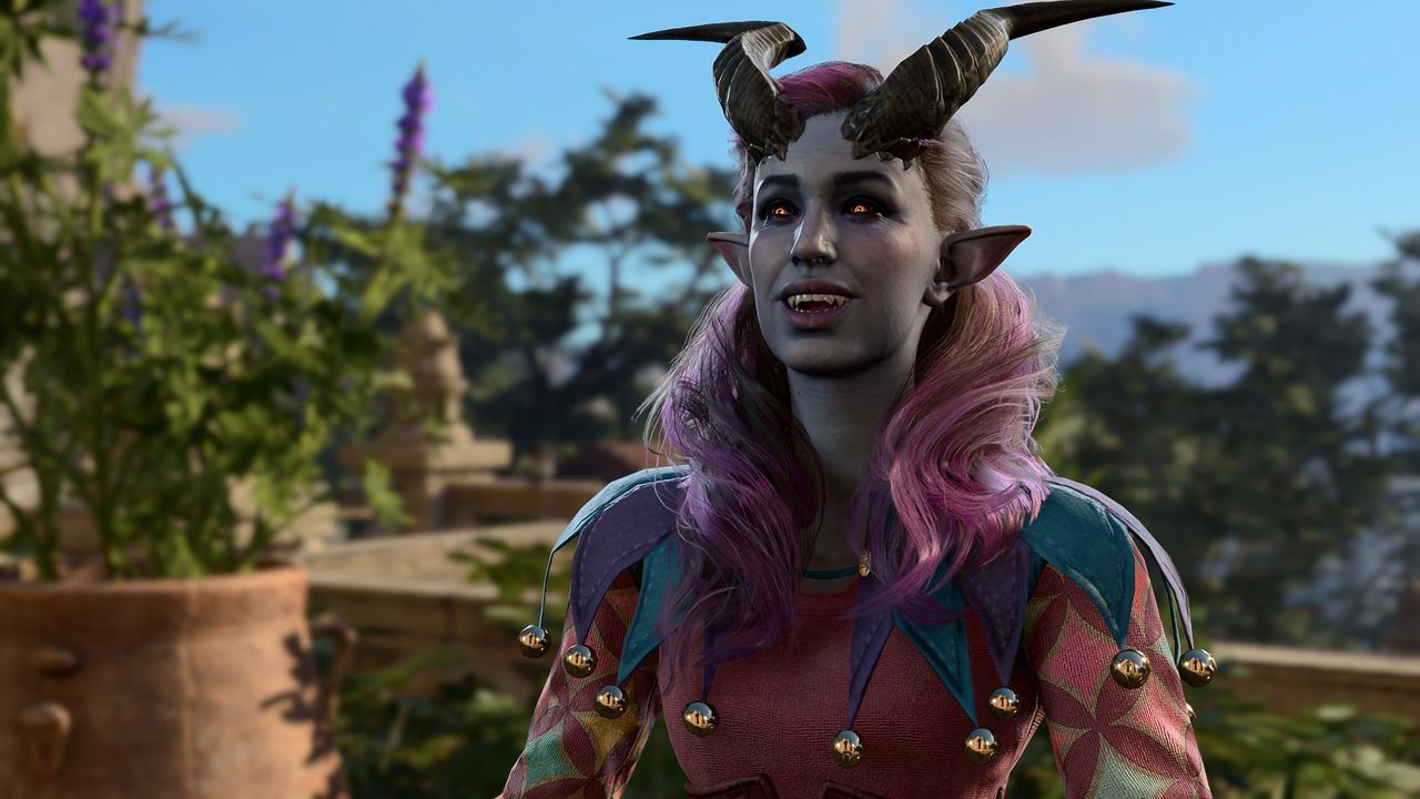 Baldur’s Gate 3 tiefling bard Alfira smiling with trees and a city in the background - pcgamer.com