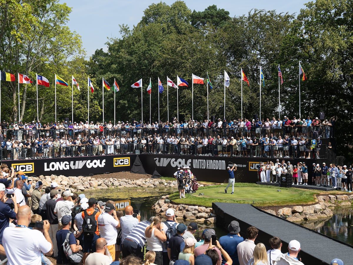 Bryson DeChambeau hits from the first tee during LIV Golf United Kingdom in Rocester, England, on July 24, 2026. - Chris Trotman/LIV Golf via AP