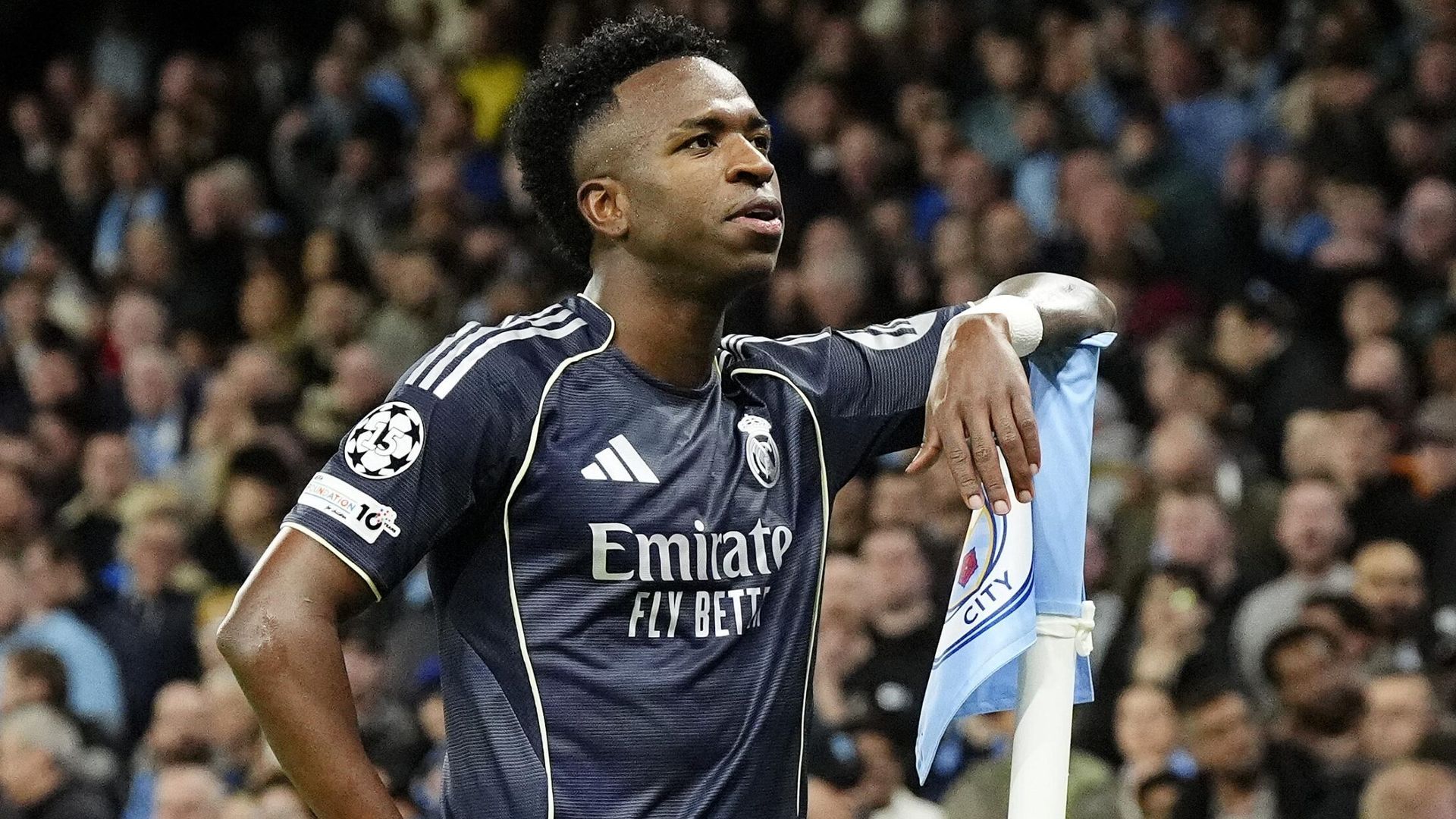Vinicius Junior celebrates after scoring for Real Madrid at the Etihad - sky.com