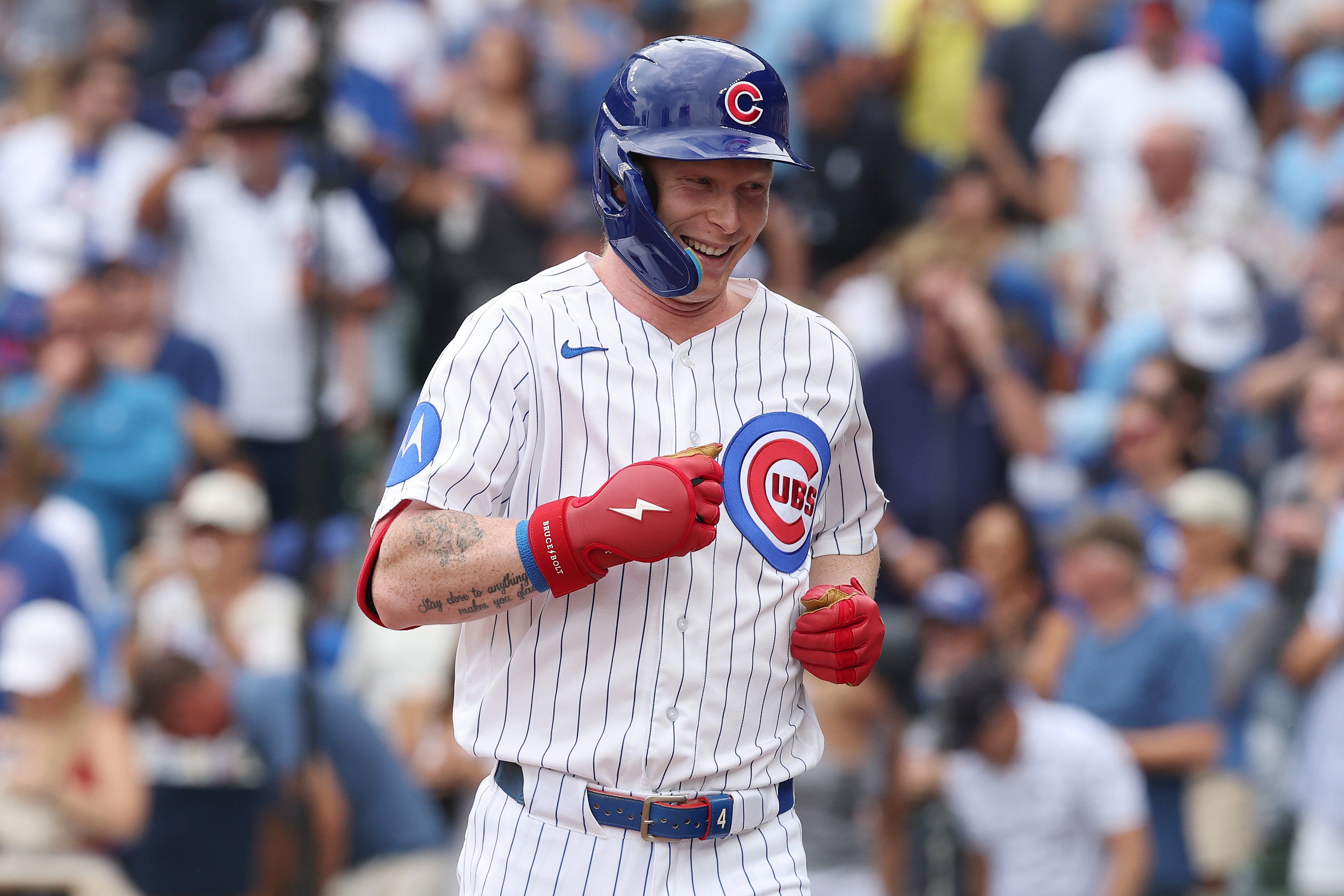 Pete Crow-Armstrong celebrates after hitting a home run during the first inning against the Dodgers at Wrigley Field on Aug. 5, 2026. - Michael Reaves/Getty Images