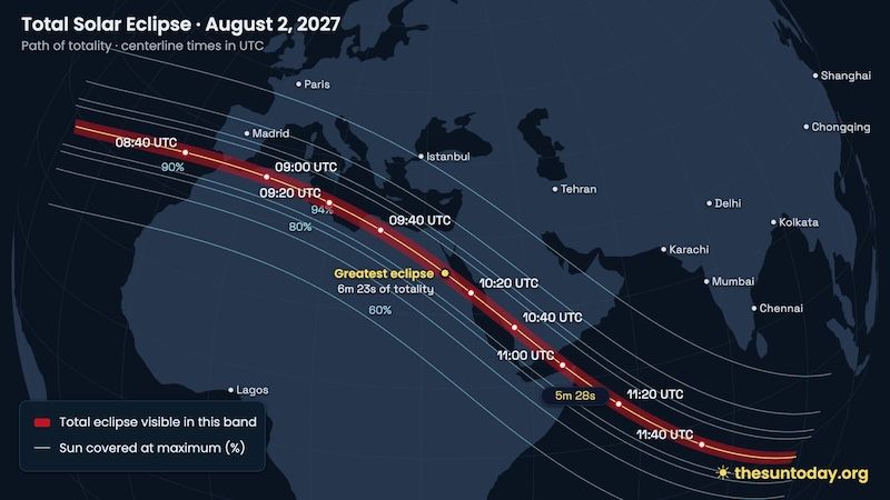 Path of totality for the August 12, 2026, solar eclipse - EarthSky