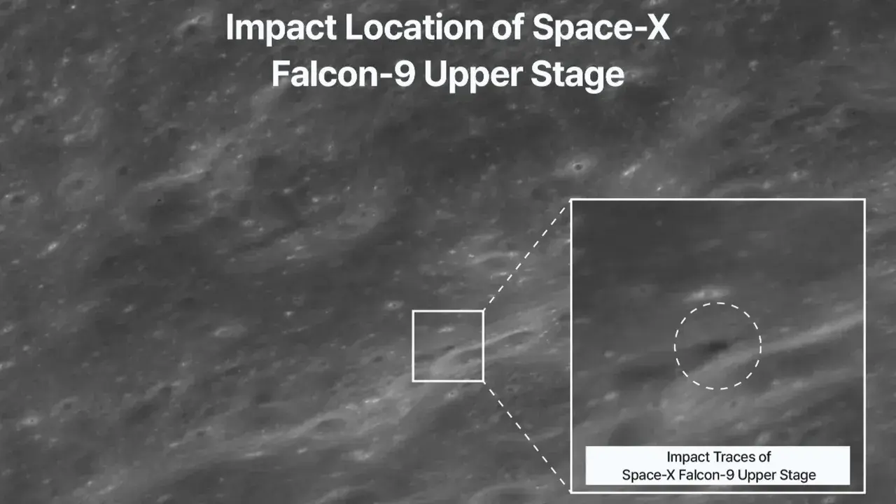 A new crater appeared on the moon after a SpaceX Falcon 9 upper stage crashed near Einstein crater on Wednesday, Korean satellite images reveal - KASA