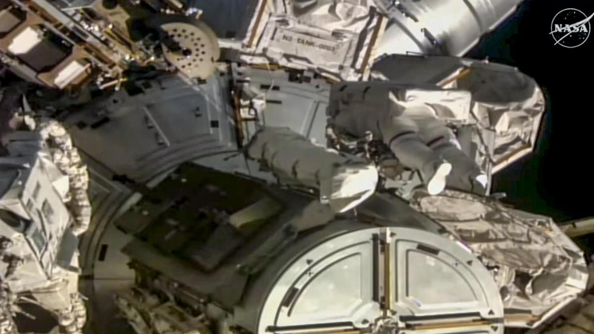 NASA astronauts worked outside the International Space Station during a spacewalk to prepare hardware for future solar arrays. - PTI