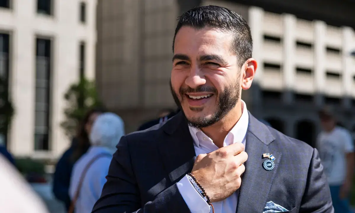 Michigan Democratic Senate primary winner Abdul El-Sayed arrives to a press conference in front of the Spirit of Detroit statue on Aug. 5, 2026, in Detroit, Michigan. - AFP