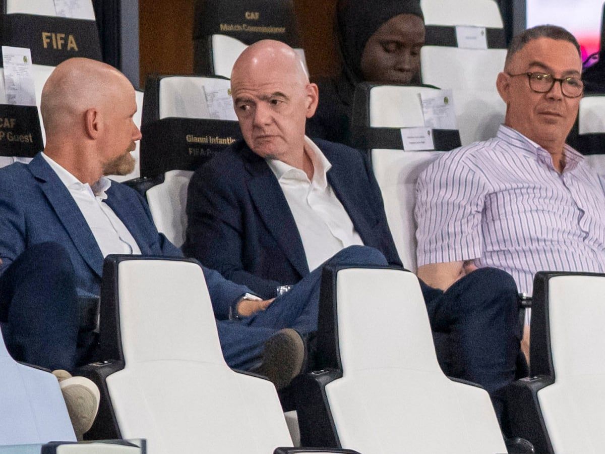 FIFA president Gianni Infantino, center, speaks to FIFA secretary general Mattias Grafstrom, left, beside Moroccan Royal Football Federation president Fouzi Lekjaa at a Women’s AFCON match in Rabat. - AP Photo