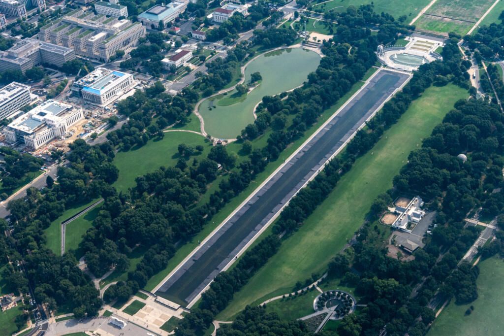 The Lincoln Memorial Reflecting Pool is seen from the air, Sunday, Aug. 9, 2026, in Washington. - AP Photo/Alex Brandon