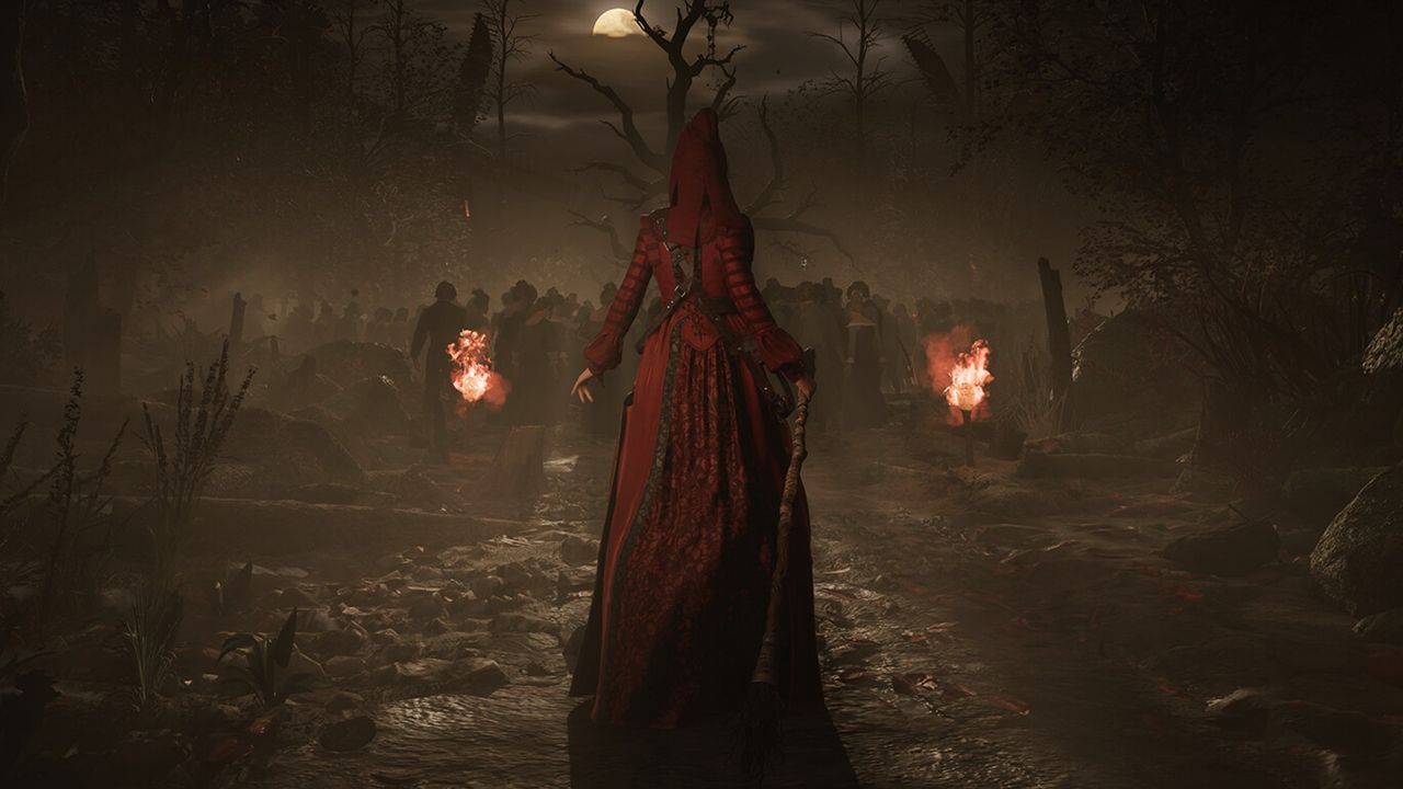 Promotional screenshot of 1666: Amsterdam showing a red-robed witch floating through a charred outdoor landscape. - Panache Digital Games