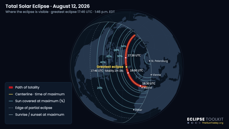 Global visibility map for the August 12, 2026 solar eclipse. - EarthSky