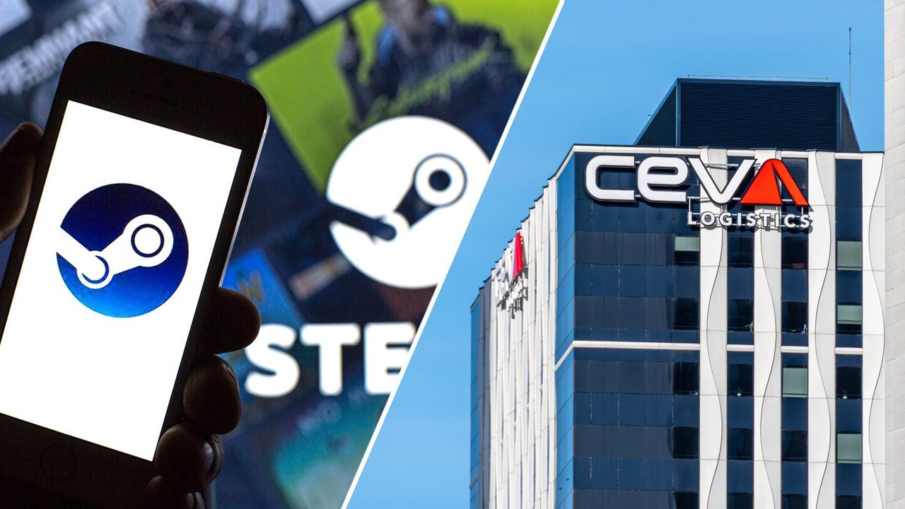 A Steam logo seen displayed on a smartphone and a distant view of CEVA Logistics Europe headquarters. - pcgamer.com