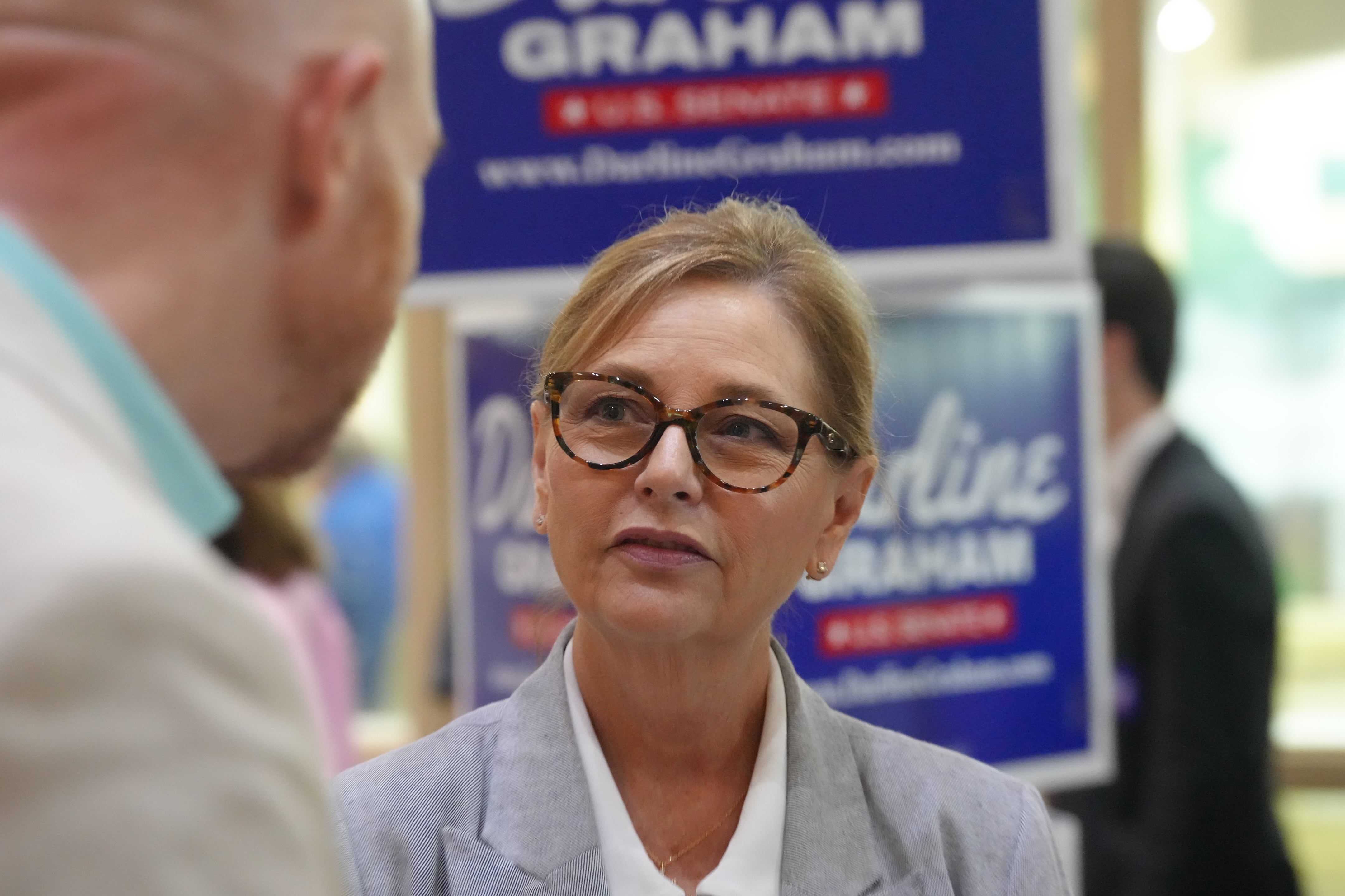 Sen. Darline Graham speaks with voters after a Senate candidate stump event ahead of a special GOP primary in Lexington, S.C., on Aug. 1, 2026. - AP Photo/Meg Kinnard