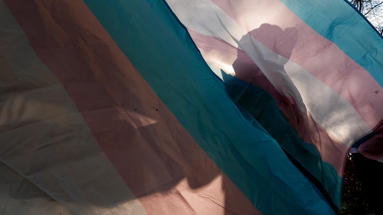 A protester silhouetted against a trans pride flag during a pro-transgender rights protest outside Seattle Children’s Hospital in Seattle on Feb. 9, 2025. - AP Photo/Lindsey Wasson, File