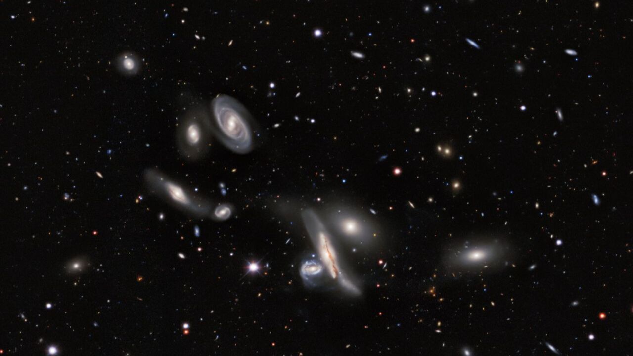 A group of galaxies nicknamed the Copeland Septet, in the constellation of Leo, shown as part of the DESI Legacy Imaging Surveys map. - DESI Legacy Imaging Surveys/LBNL/DOE & KPNO/CTIO/NOIRLab/NSF/AURA