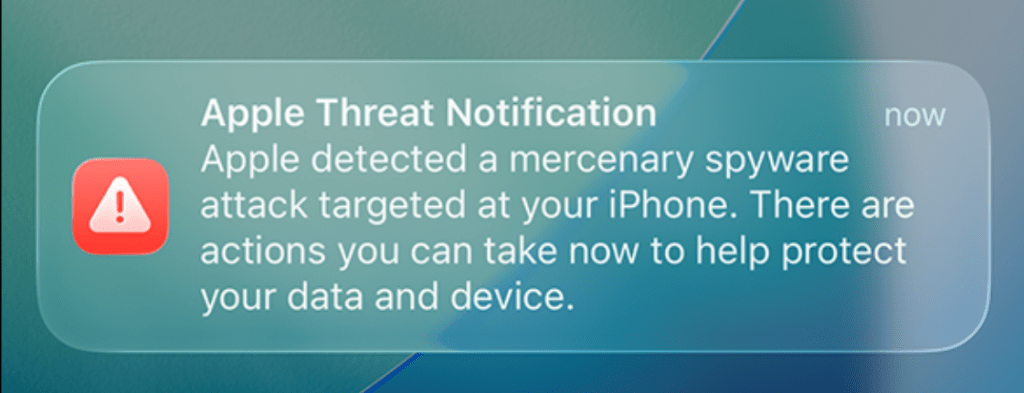 Example of Apple’s on-device threat notification for mercenary spyware targets - Malwarebytes