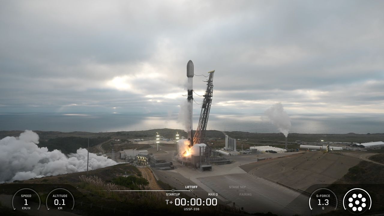 A SpaceX Falcon 9 rocket launches the classified USSF-366 mission for the U.S. Space Force from Vandenberg Space Force Base in California on Aug. 15, 2026. - SpaceX