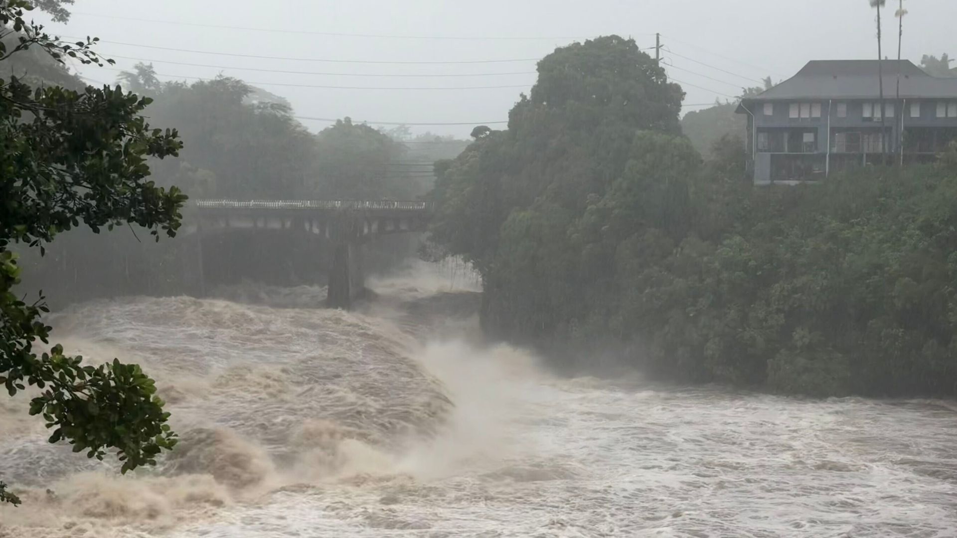 Rising water levels at the Wainaku Street Bridge in Hilo on the Big Island of Hawaii. - Taylor Cozloff/Civil Beat via AP