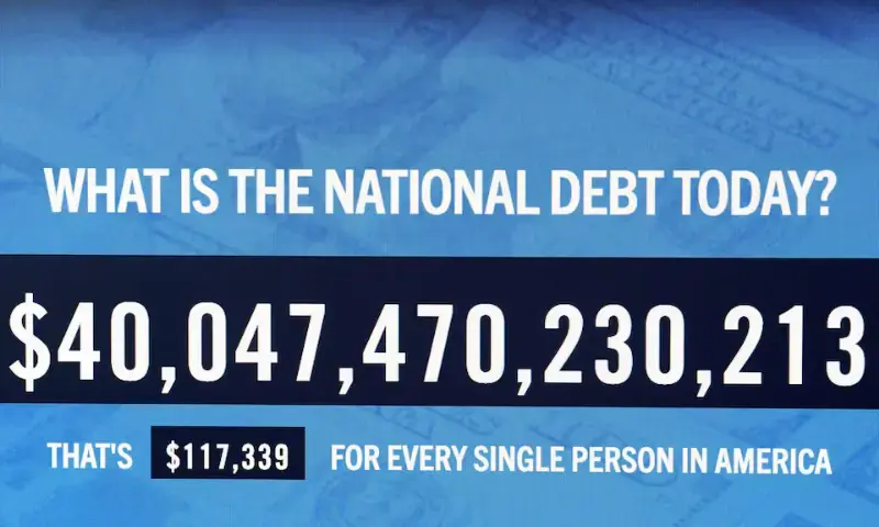 A screen displays the total U.S. national debt, which surpassed $40 trillion for the first time according to the Treasury Department, in New York City. - Reuters