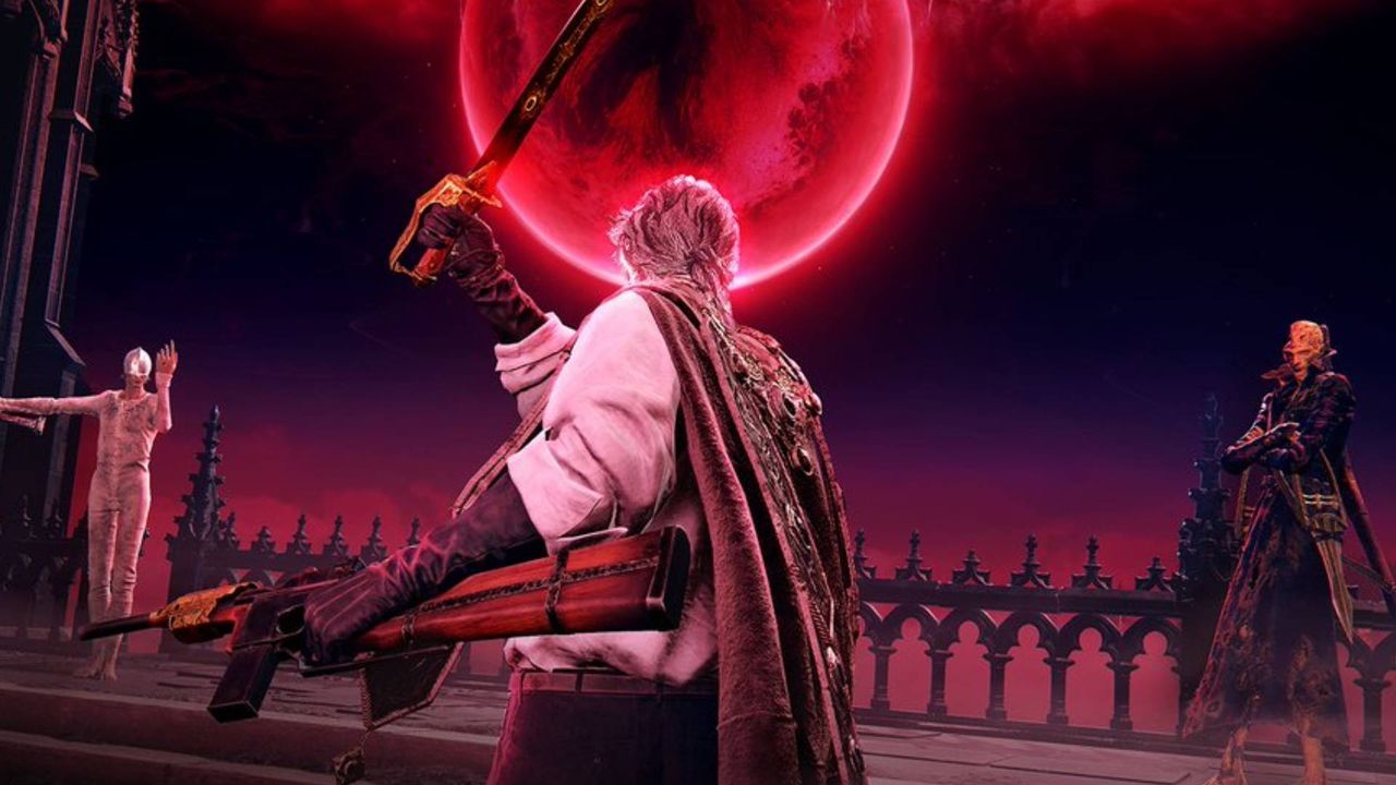 The Duskbloods screenshot shows a character wielding a gun and sword, facing two foes against a red moon. - gamesradar.com