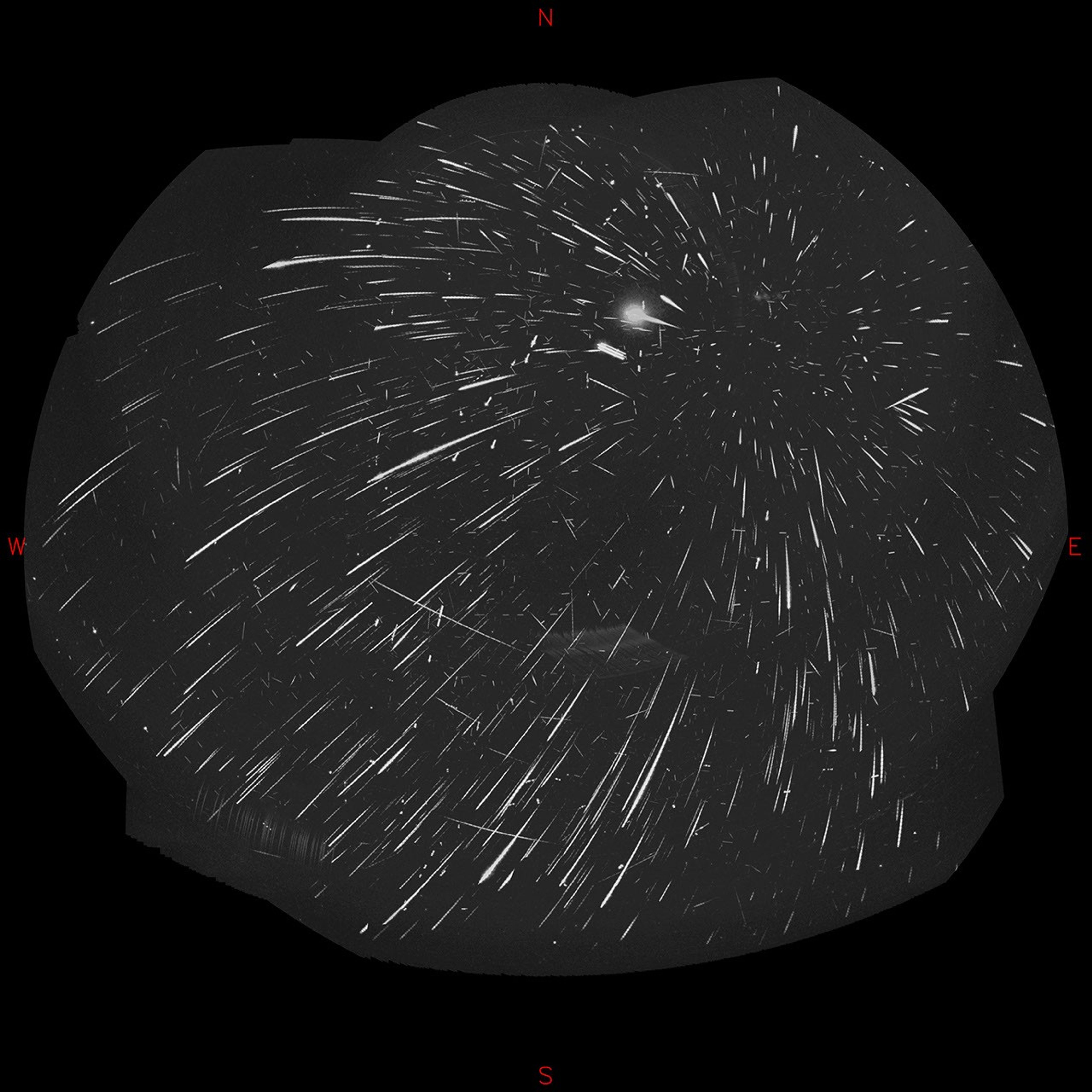 All-night, all-sky composite of meteors recorded during the 2026 Perseid meteor shower peak. - Jakub Koukal / Valašské Meziříčí Observatory