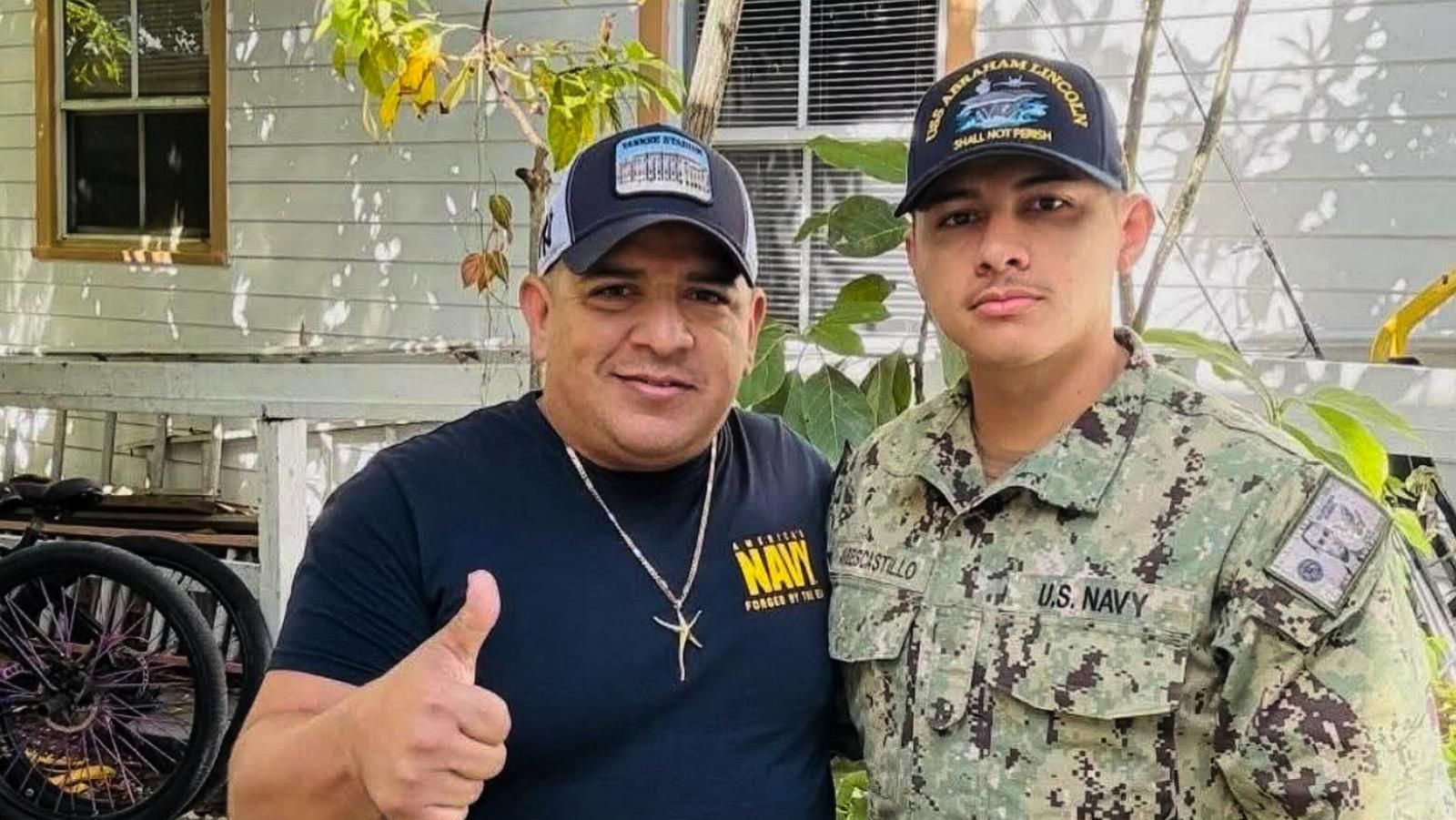 Luis Manuel Aviles and Joshua Aviles outside their home in October 2025, shortly before Joshua deployed on the USS Abraham Lincoln. - Katherine Delgado via AP