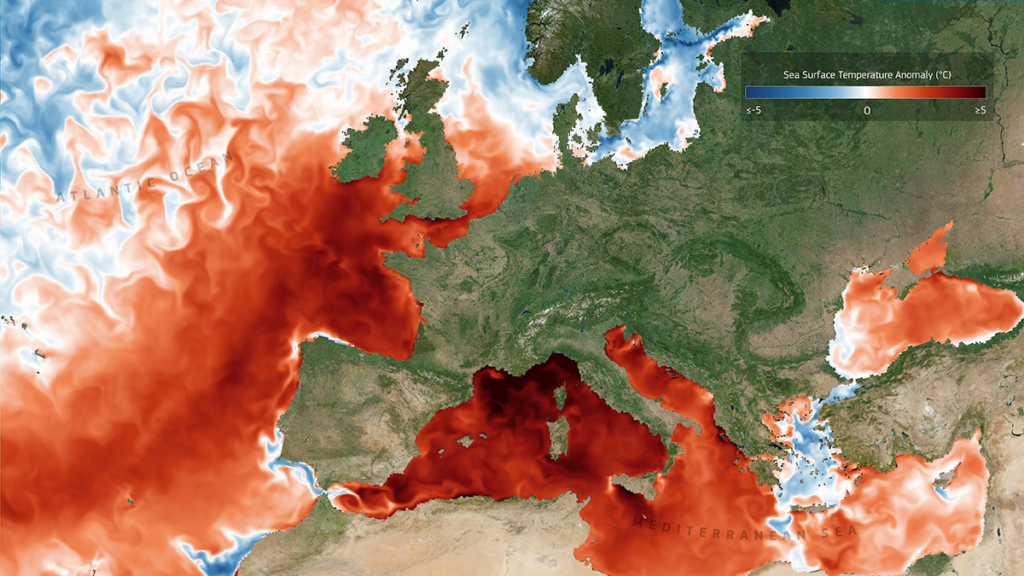 Data visualization showing an intense marine heat wave in the Atlantic Ocean and Mediterranean Sea on August 13, 2026. - European Union, Copernicus Marine Service; data source: AGU Advances