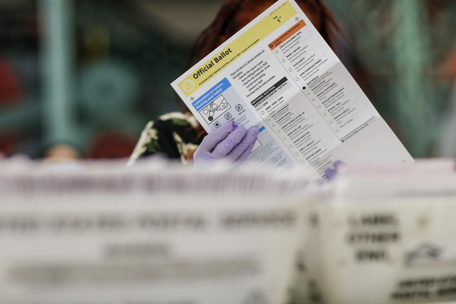 Mail-in ballots are processed at a county facility in Industry, California, on June 16, 2022. - Robert Gauthier/Los Angeles Times