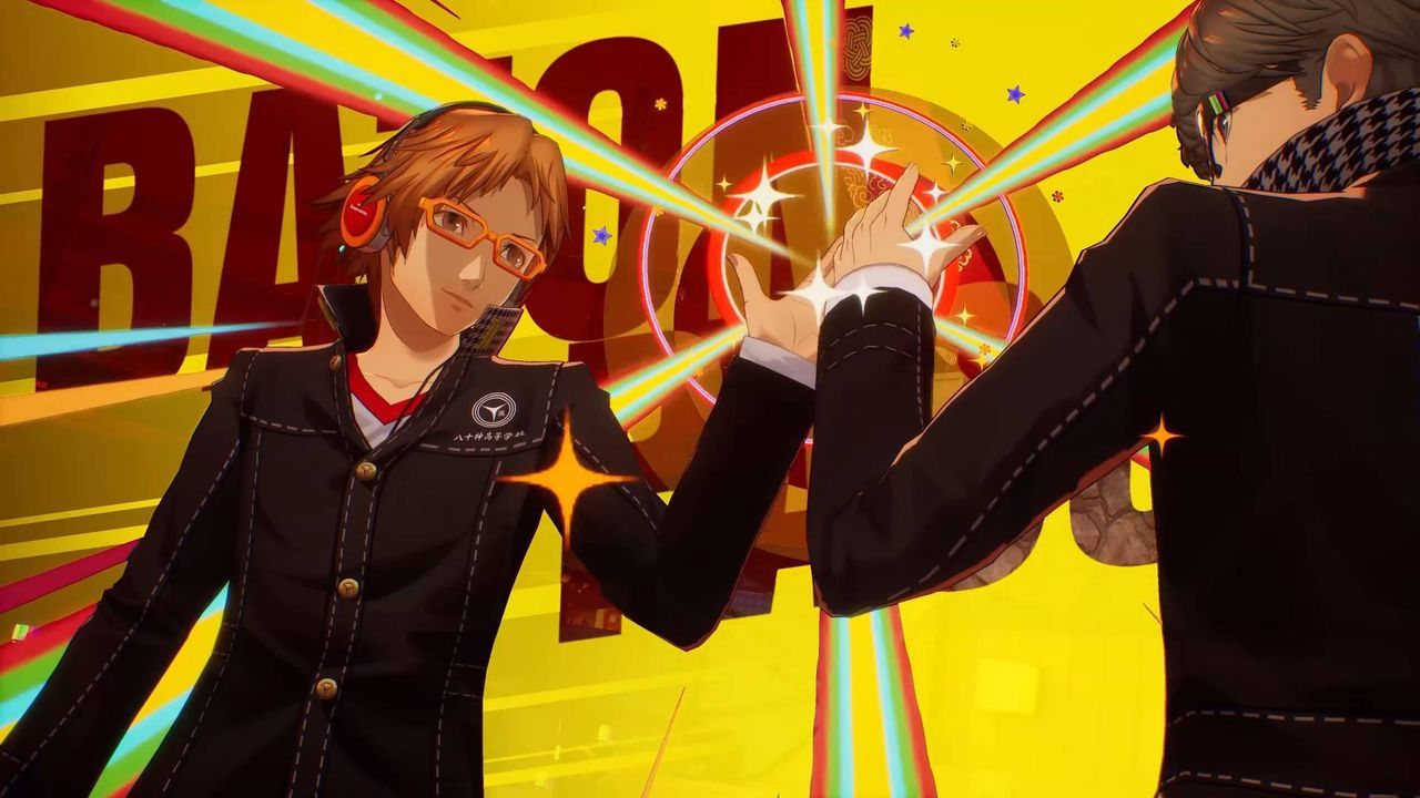 Persona 4 Revival screenshot shows the protagonist and Yosuke high-fiving for a baton pass. - gamesradar.com