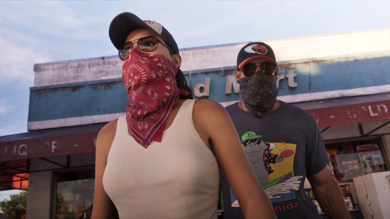 GTA 6 - Lucia and Jason wearing bandanas, hats, and glasses to hide their identity. - pcgamer.com