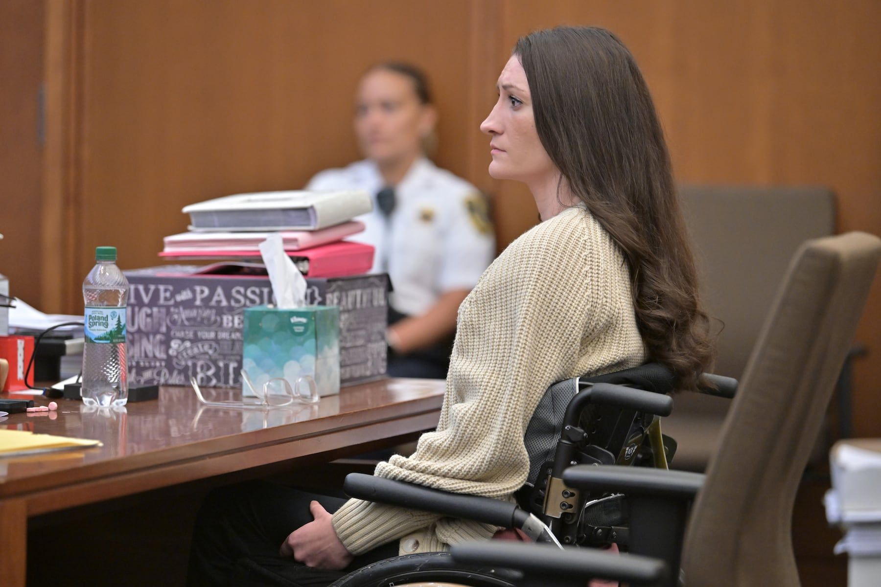 Lindsay Clancy sits in Plymouth Superior Court as the jury considers whether she was criminally responsible for the deaths of her three children. - AP Photo/Josh Reynolds, Pool