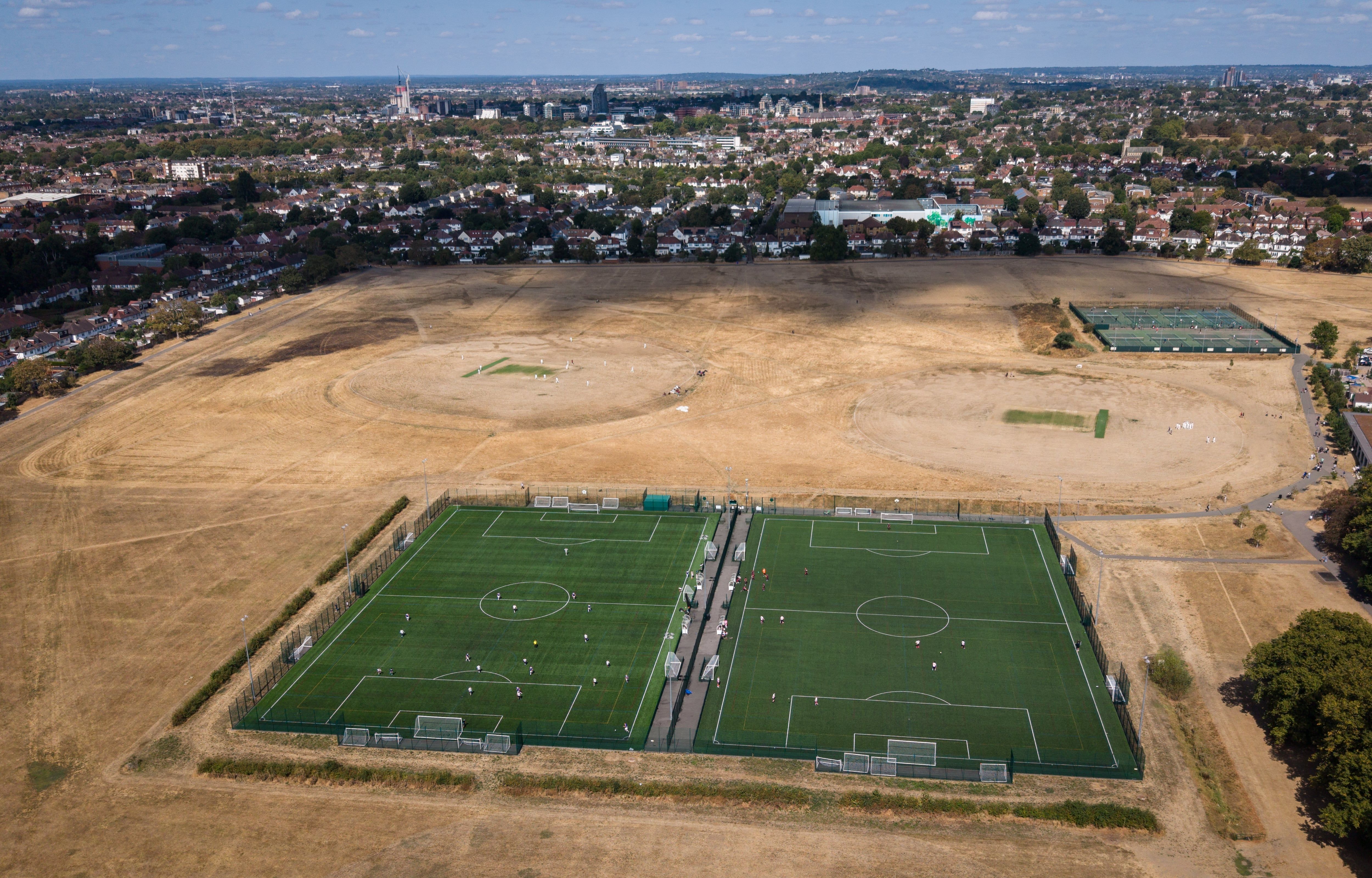 Football and cricket games take place alongside drought-damaged fields in Gunnersbury Park, London, on August 22, 2026. - Getty Images