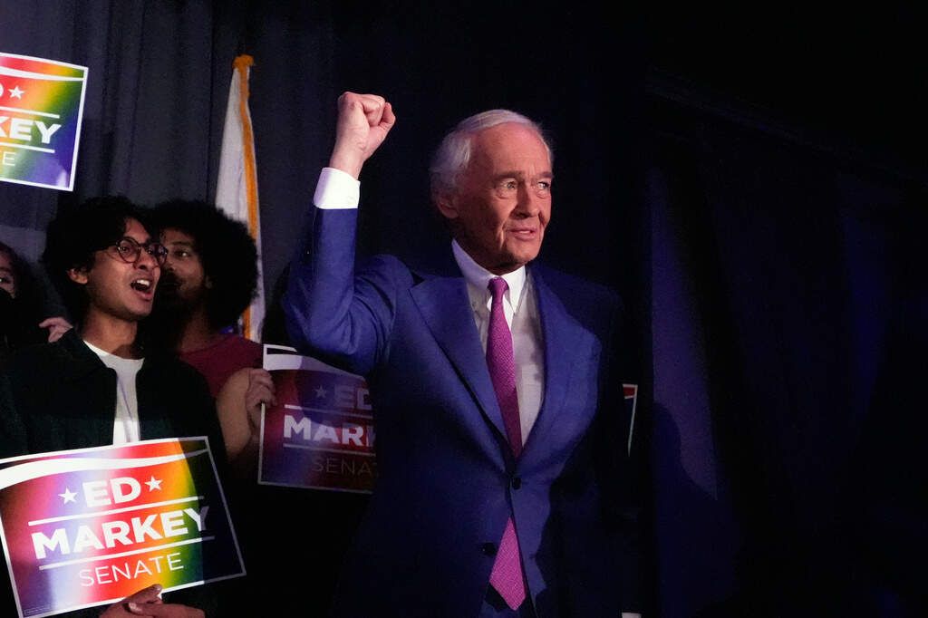 U.S. Sen. Edward Markey gestures after winning the Democratic nomination during a primary election night event Tuesday, Sept. 1, 2026, in Boston. - Charles Krupa/AP