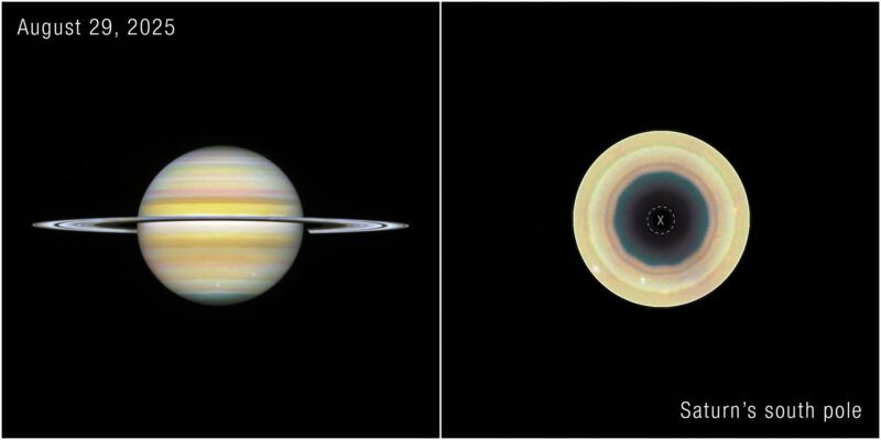 Hubble view of Saturn’s south polar decagon in imagery dated August 29, 2025. - NASA/ESA/A. Sánchez-Lavega/University of the Basque Country