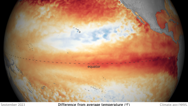 NOAA map showing warm water associated with El Niño conditions. - NOAA/CBS News
