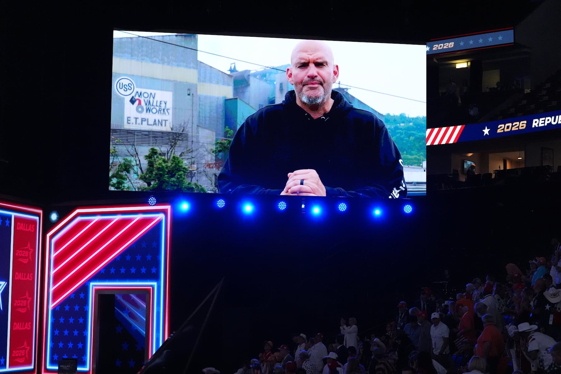 A video featuring Sen. John Fetterman, D-Pa., plays at the Republican convention Wednesday, Sept. 9, 2026, in Dallas. - AP Photo/Alex Brandon