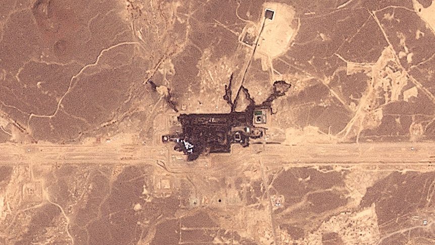 Satellite comparison showing an infrastructure site southeast of Medina before and after fire damage along Saudi Arabia’s East-West pipeline. - Planet Labs PBC/ABC News Australia