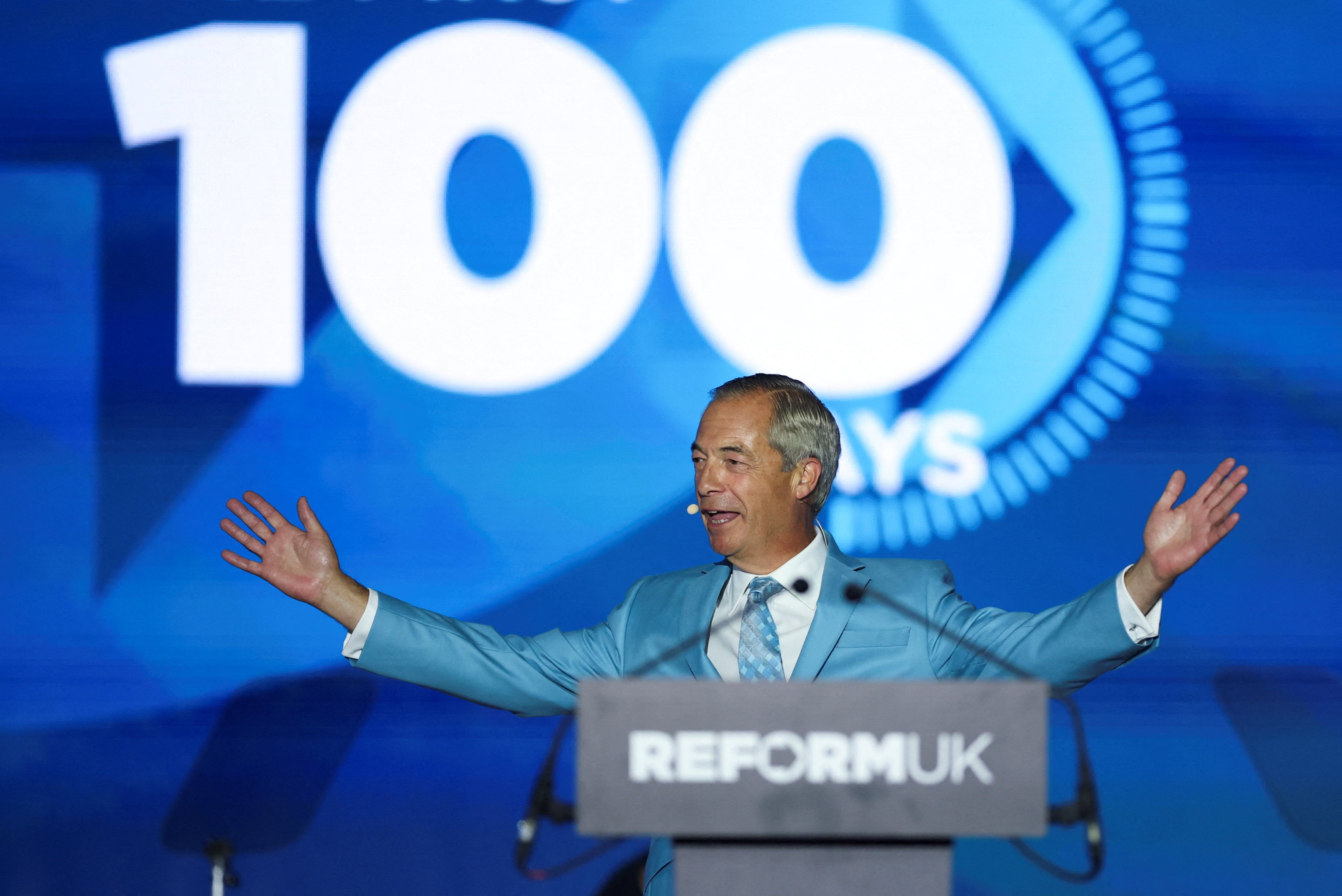 Nigel Farage speaks at Reform UK's annual conference in Birmingham on Sept. 5, 2026. - Thomas Krych/AP