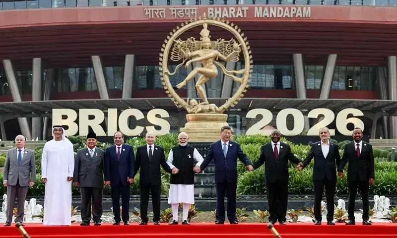 Members of BRICS pose for a family photo during the 18th BRICS Summit in New Delhi. - AFP