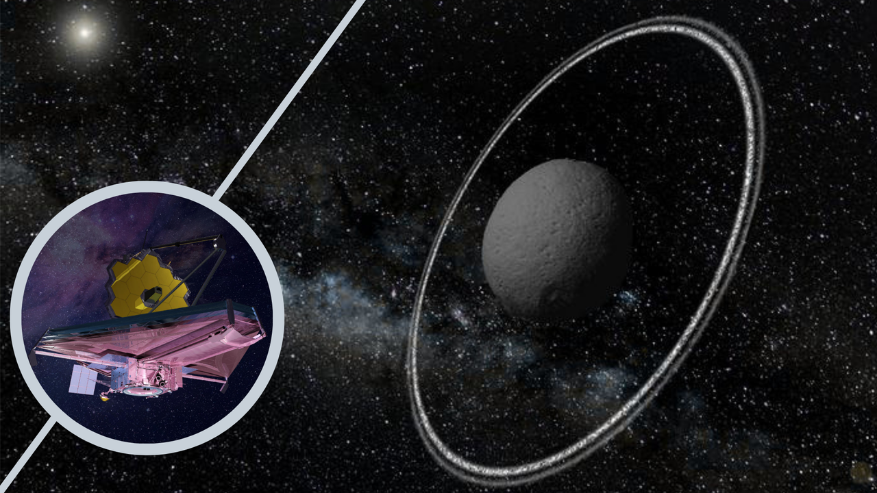 Artist’s illustration of Chariklo with its rings and an inset impression of the James Webb Space Telescope - L. Maquet, Observatoire de Paris/NASA/ESA