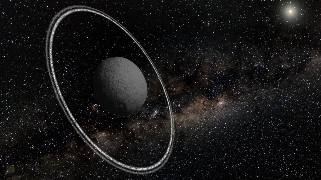 Illustration of Chariklo encircled by two rings. - livescience.com