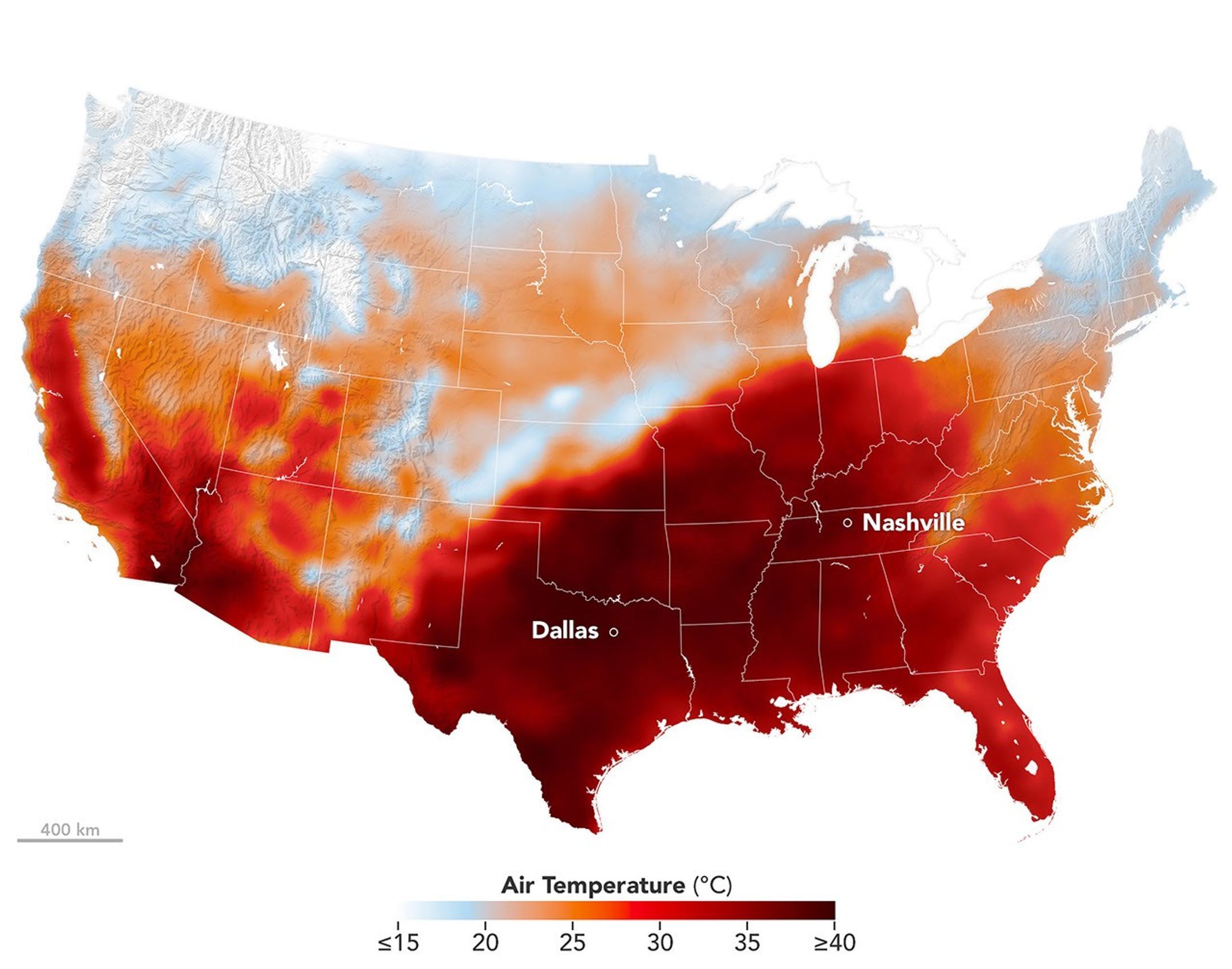 Modeled air temperatures across the contiguous United States during the September 15 heat dome - NASA Earth Observatory/Michala Garrison