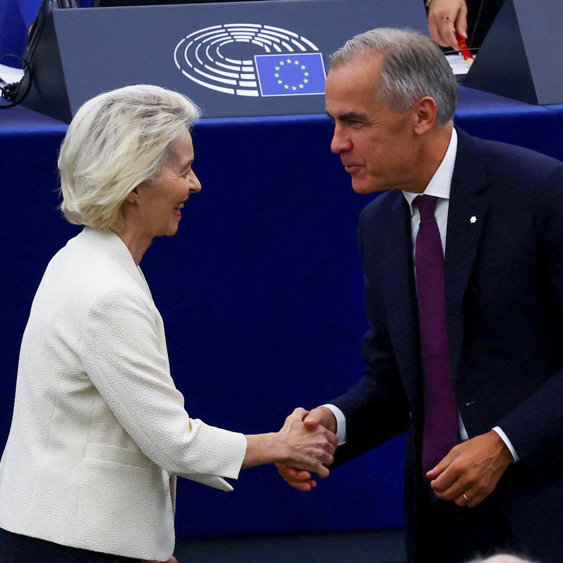 Ursula von der Leyen and Mark Carney at the European Parliament in Strasbourg on Sept. 16, 2026. - Justin Tang/The Canadian Press