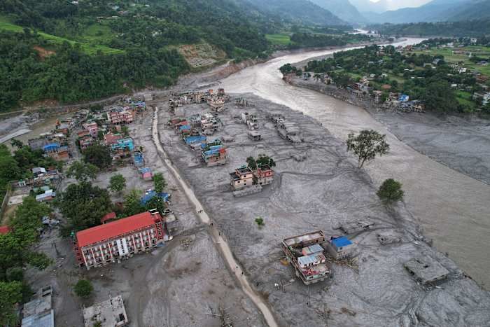 Homes engulfed in mud after flash flooding along Nepal’s Trishuli River, Aug. 29, 2026. - Rajesh Kumar Singh/AP Photo