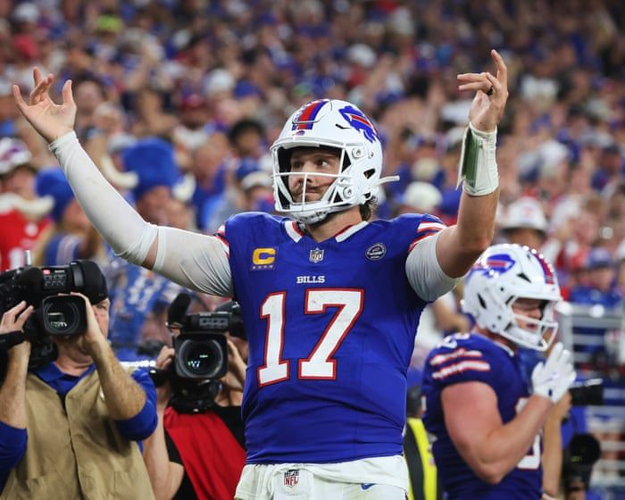 Josh Allen celebrates during Buffalo’s victory over Detroit at Highmark Stadium. - Jeffrey T Barnes/AP